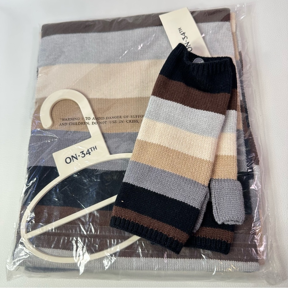 SET! NEW Women's On 34th Neutral Multicolor Knit Scarf, Mittens